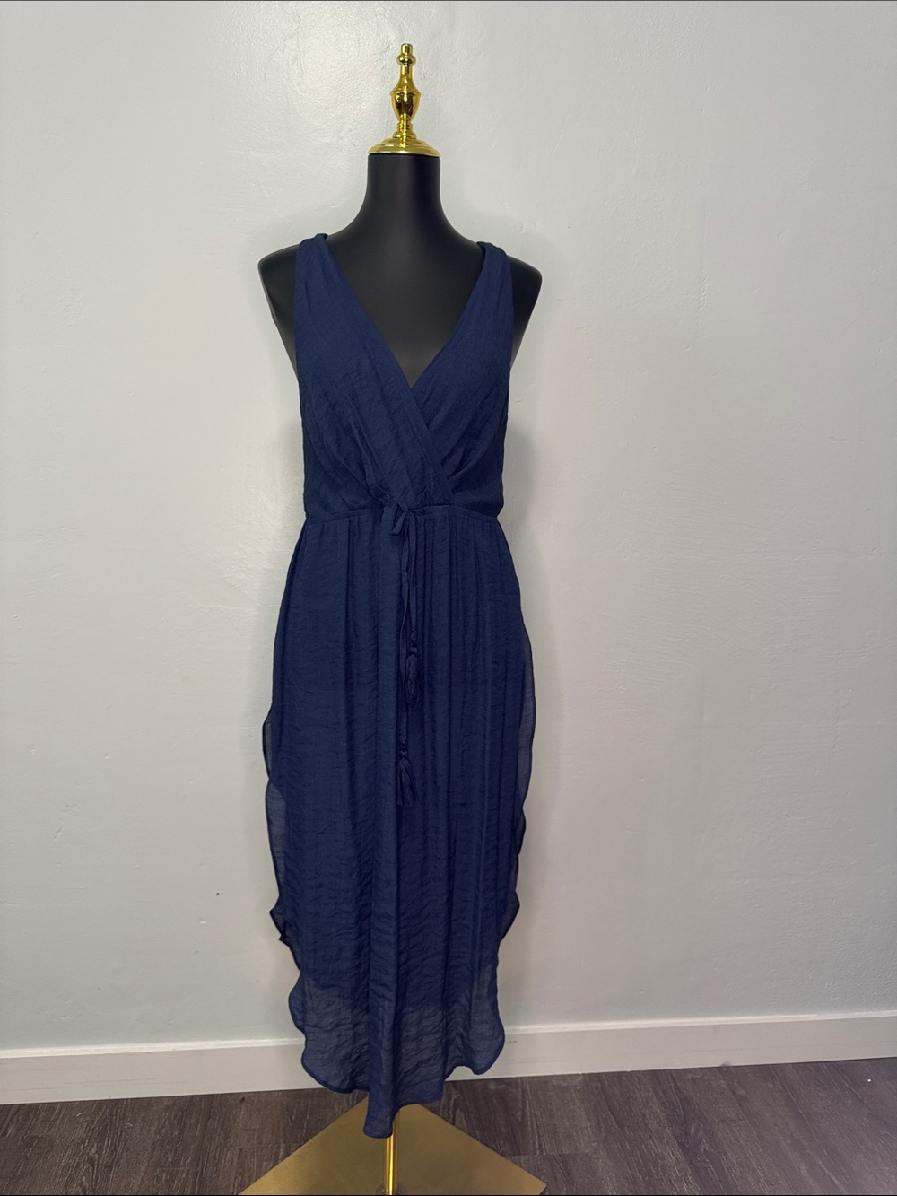 Navy V-Neck Sleeveless Swim Coverup with Tie Waist